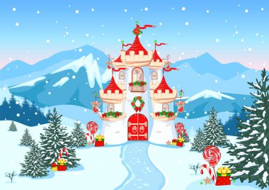 Kırmızı çatıları, balkonu ve Noel süslemeleri olan güzel bir prenses kalesi. Ormandaki bir kış arka planında bir peri masalı kalesinin vektör çizimi. Kış masalı. Noel havası.