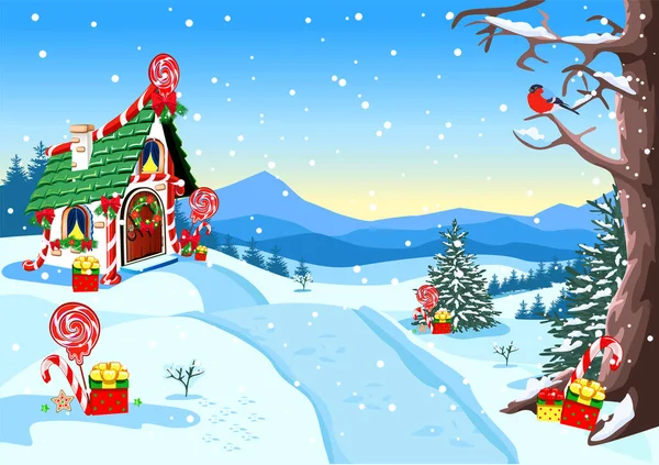 Una Pequeña Casa Está Decorada Para Celebración Navidad Fondo Invierno — Archivo Imágenes Vectoriales