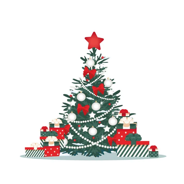 Árbol Navidad Con Decoraciones Navideñas Regalos Sobre Fondo Blanco Ilustración — Vector de stock