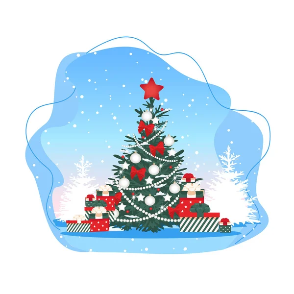 Árbol Navidad Con Decoraciones Navideñas Regalos Fondo Invierno Ilustración Vectorial — Vector de stock