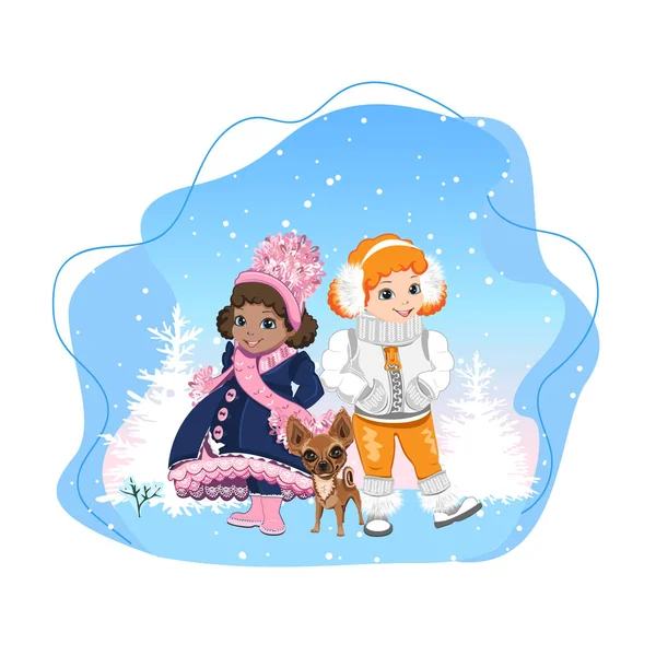 Dwie Słodkie Dziewczynki Zimie Ubrania Spacery Świeżym Powietrzu Tle Zimowym — Wektor stockowy