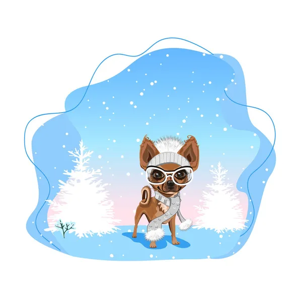 Pequeno Cão Bonito Chapéu Óculos Fundo Abstrato Inverno Ilustração Vetorial — Vetor de Stock