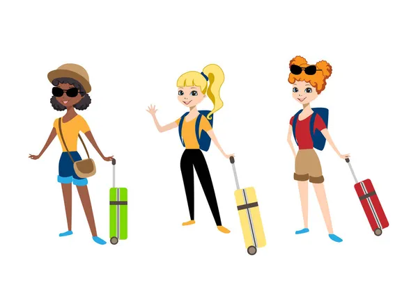 Conjunto vectorial de tres chicas turísticas viajan con maletas aisladas sobre fondo blanco en estilo de dibujos animados. Ilustración vectorial para decorar un folleto o postal o soportes. — Vector de stock