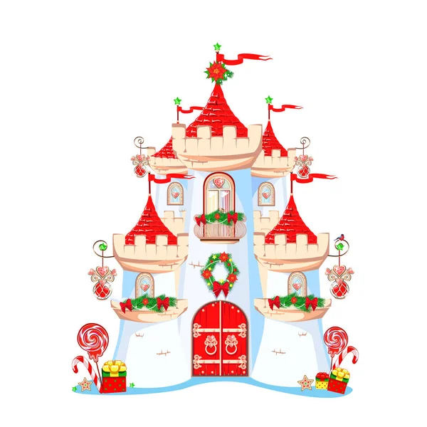 一个漂亮的公主城堡 有红色的屋顶 阳台和圣诞装饰 在白色背景上孤立的向量模板说明 冬天的童话 圣诞气氛 — 图库矢量图片