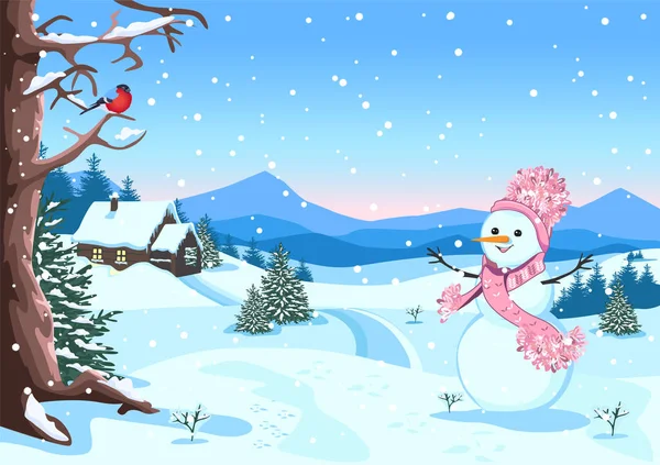 Beautiful Winter Background Village House Snowman Hat Vector Illustration Rural — Stock Vector
