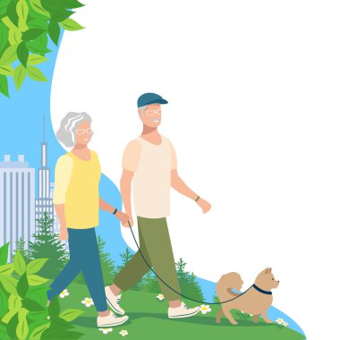 Yaşlı evli ve köpeği olan bir çift ormanda bir yol boyunca yürüyorlar. Güzel bir yaz ormanı manzarasının arka planında aktif yaşlı insanların vektör çizimi