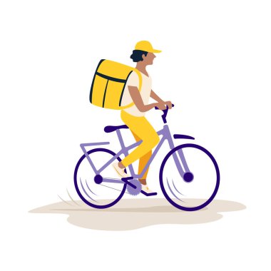 Fast food servisini evinize ve ofisinize gönderin. Bisikletli sarı sırt çantalı bir adam yiyecek getiriyor. Vektör illüstrasyonu.