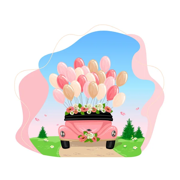 Çiçekler Balonlarla Süslenmiş Dikiz Manzaralı Retro Düğün Arabası Balayı Kartvizit — Stok Vektör