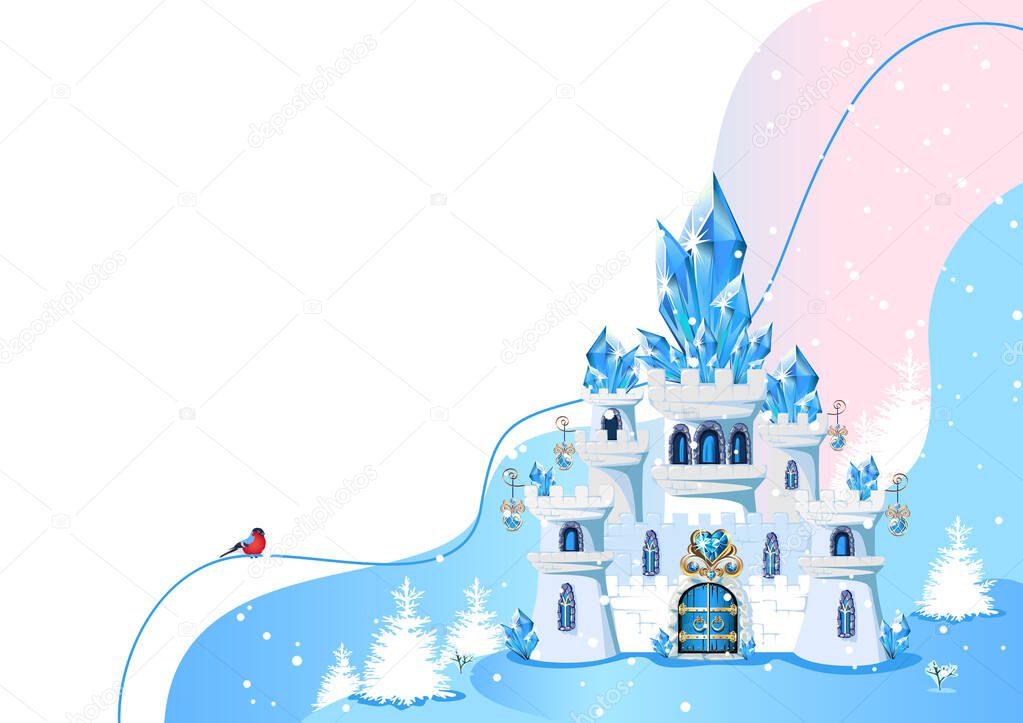 Fairy tale blue castle for a beautiful princess and prince with towers and blue crystals. Vector illustration of a magic castle on a winter background with mountains and snowfall.