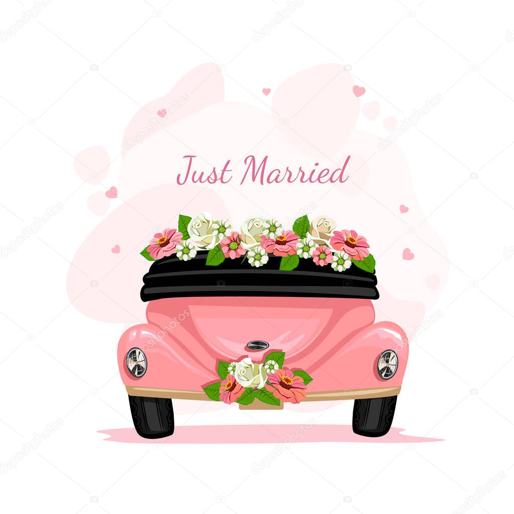Retro wedding car, decorated with flowers, rear view. Wedding vector template illustration in cartoon style on an abstract background with place for text.