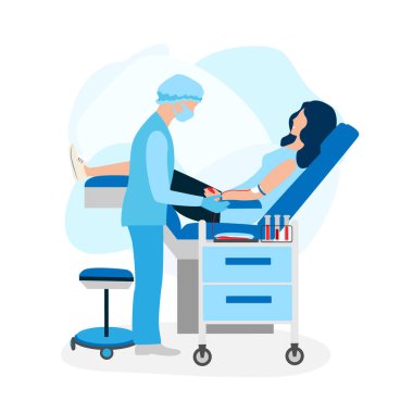 Blood donor. A volunteer in a medical chair donates blood. Blood donation. World Blood Donor Day. Vector illustration template for postcard, poster, media.
