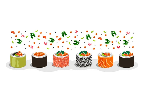 Composición Diferentes Rollos Sushi Con Salmón Caviar Ilustración Vectorial Deliciosa — Vector de stock