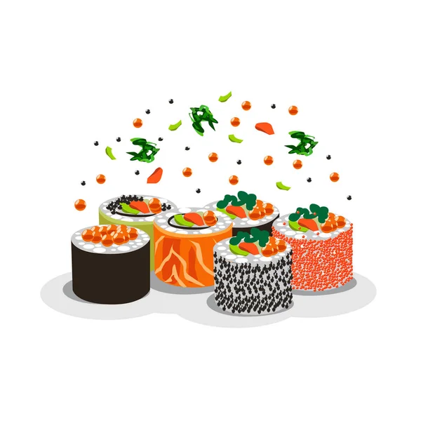 Composición Diferentes Rollos Sushi Con Salmón Caviar Ilustración Vectorial Deliciosa — Vector de stock