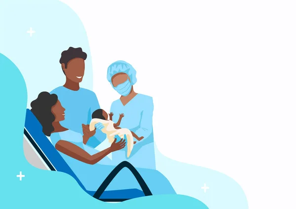 一名孕妇在一家妇产医院生下了一个婴儿 伴侣分娩 多亏了医生和护士抽象简约背景下的矢量横向图解 — 图库矢量图片