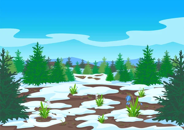 Paisaje Primaveral Con Bosque Desfiladeros Nieve Derretida Nevadas Hermosa Ilustración — Archivo Imágenes Vectoriales