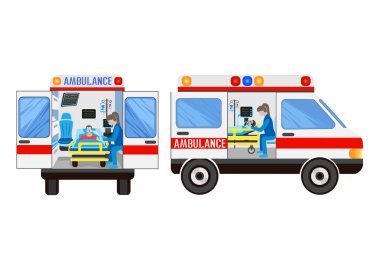 Ambulansla bir hastaya yardım eden sağlık görevlileri. Hasta solunum cihazına bağlı. Teşekkürler doktorlar ve hemşireler. Acilen hastaneye yatırılmalı. Vektör illüstrasyonu.