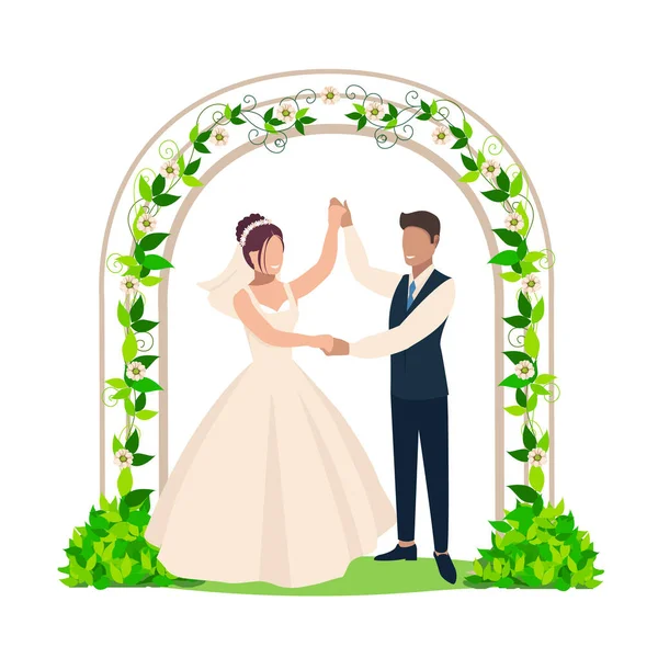 幸せな花嫁と新郎は結婚します 結婚式の服でエナメル男と女のフラットベクトルイラスト 永遠に一緒に 抽象的な背景の中で — ストックベクタ