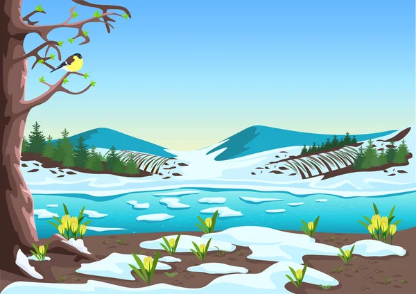 Весенний Пейзаж Рекой Горами Лесом Полями Тающим Снегом Крокусом Красивая — стоковый вектор