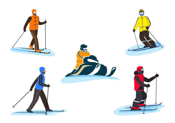 Conjunto Vectorial Personas Trajes Esquí Esquí Moto Nieve Recreación Invierno — Vector de stock