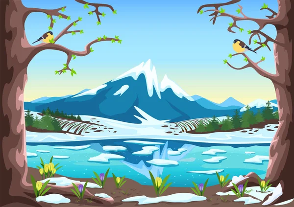 Spring landscape with river, mountains, forest, fields, melting snow and crocus. Beautiful spring background illustration. Vector