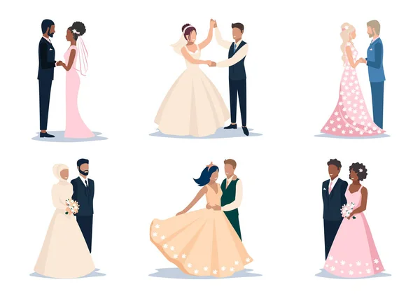 stock vector Set of happy bride and groom getting married. Flat vector illustration of man and woman in love in wedding clothes isolated on white background.