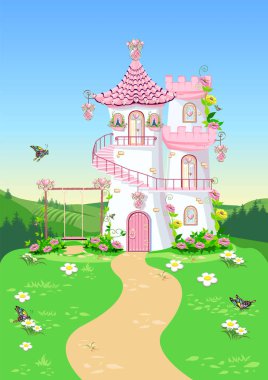 Fairy tale castle of a beautiful princess with a spiral staircase, towers, windows, a door and a swing. Vector illustration.