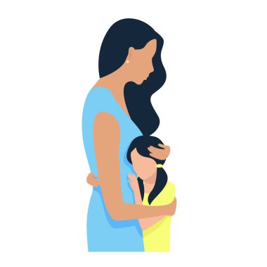 A loving mother tenderly embraces and protects her child. Vector illustration in a flat style on a white background.