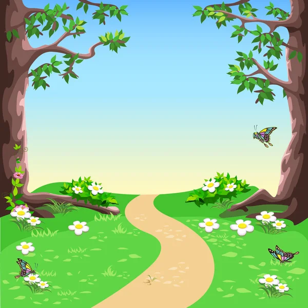 Märchenhafter Hintergrund Mit Einem Waldweg Mit Großen Bäumen Cartoon Stil — Stockvektor