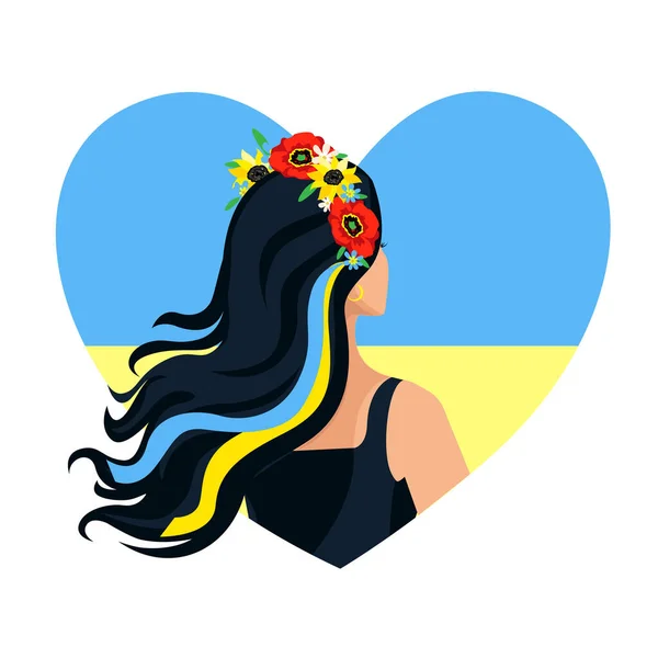 Una Niña Una Corona Flores Fondo Bandera Ucrania Forma Corazón — Vector de stock
