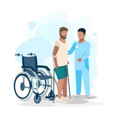 Hasta bir fizyoterapistle ortopedik rehabilitasyona giriyor. Fizyoterapi. Hastalık ve sakatlıktan sonra sağlığın düzeltilmesi. Düz vektör illüstrasyonu.