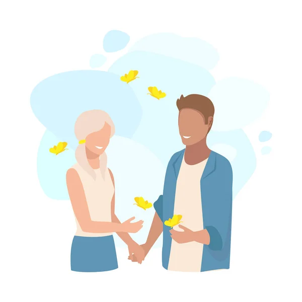 Couple Love Holds Hands Looks Yellow Butterflies Vector Illustration Isolated — Stock Vector