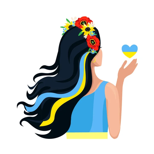 Ένα Κορίτσι Στεφάνι Λουλουδιών Κρατά Την Ουκρανική Σημαία Σχήμα Καρδιάς — Διανυσματικό Αρχείο