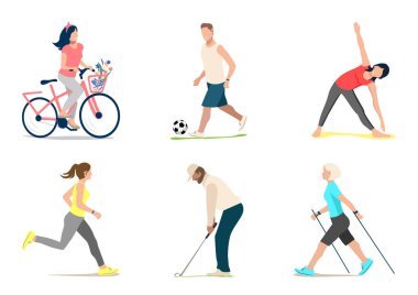 Sporcuların vektör çizimleri. Bisikletçi, golfçü, koşucu, futbolcu, jimnastik ve İskandinav yürüyüşü. Sağlıklı bir yaşam tarzı. Düz biçim.