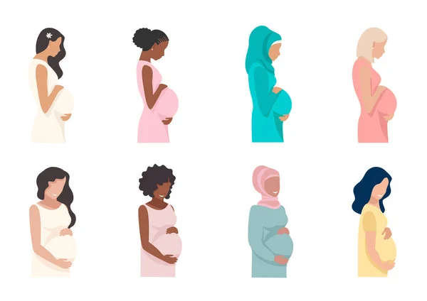 Vektor Set Von Schönen Schwangeren Frauen Verschiedener Nationalitäten Isoliert Auf — Stockvektor