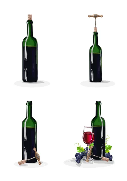 Conjunto Vectorial Botellas Vino Copa Vino Sacacorchos Uvas Deliciosa Bebida — Vector de stock