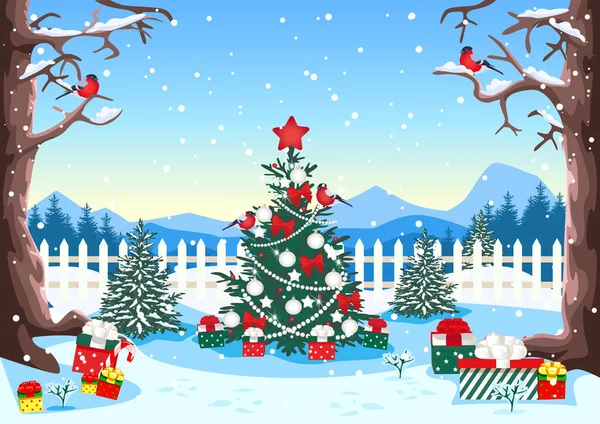 Feliz Natal Árvore Natal Decorada Com Bolas Guirlandas Apresenta Contexto — Vetor de Stock