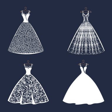 Vector set of lacy wedding dresses on a hanger. Silhouette of a beautiful female outfit. For designing a flyer, poster or advertising in social networks.