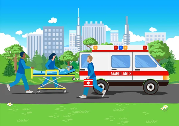 Team Paramedics Assisting Patient Ambulance Urgent Medical Care Thank You — 图库矢量图片