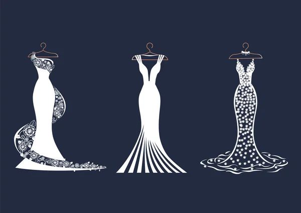 Vector Set Lacy Wedding Dresses Hanger Silhouette Beautiful Female Outfit — Stok Vektör