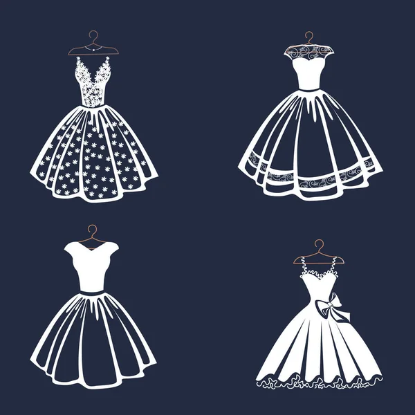 Vector Set Lacy Wedding Dresses Hanger Silhouette Beautiful Female Outfit — Stok Vektör