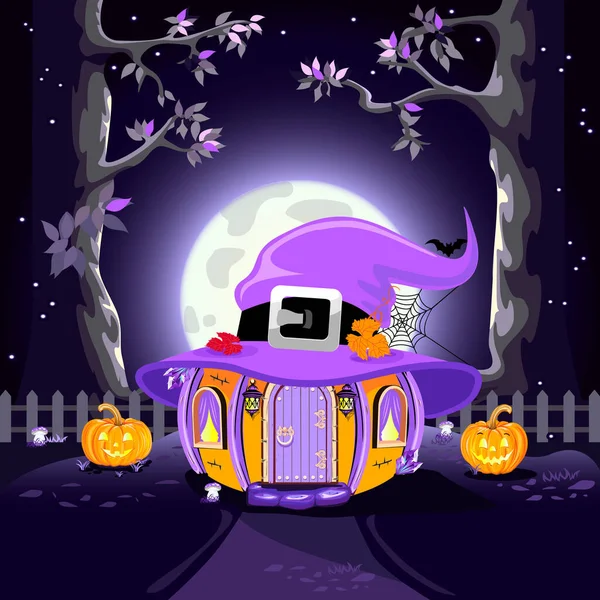 Halloween Ház Rajzfilm Stílusban Egy Boszorkány Kalap Helyett Tető Vektor — Stock Vector