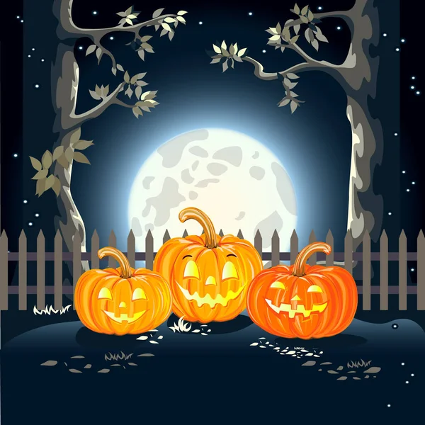 Halloween Hintergrund Mit Drei Fröhlichen Kürbissen Riesigem Mond Und Hohen — Stockvektor