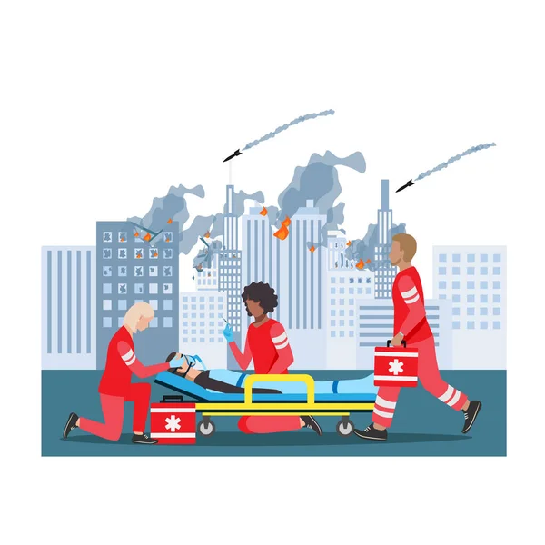 Bir Sağlık Ekibi Askeri Operasyonlarda Yaralılara Yardım Ediyor Ambulans Acil — Stok Vektör