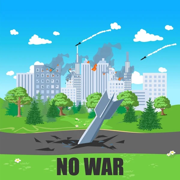 War Ruined City Fire Bombs Shells Stop War Vector Illustration - Stok Vektor
