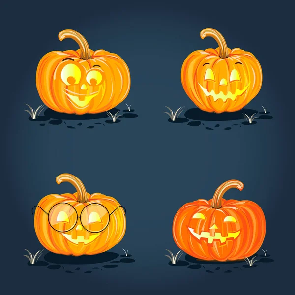 Halloween Set Cheerful Pumpkins Glowing Eyes Cartoon Style Dark Background — Stockvector