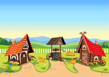 Fairytale village with cartoon houses and a well. Vector illustration of fabulous architecture and nature.