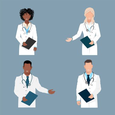 Collection of friendly doctors. Thank you doctors and nurses for helping and saving lives. Medicine and health. Set of vector illustration in flat style.