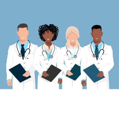 Dost canlısı doktorlar. Yardım edip hayat kurtardığınız için sağolun doktor ve hemşireler. İlaç ve sağlık. Soyut arkaplanda düz biçimli vektör illüstrasyonu