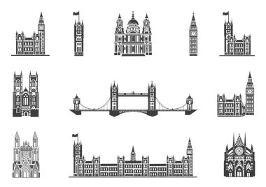 Londra simgelerinden oluşan büyük bir koleksiyon. St. Peter Katedrali, Westminster Manastırı, Big Ben, Tower Bridge. İngiliz mimarisi. Gotik. Vektör illüstrasyonu.