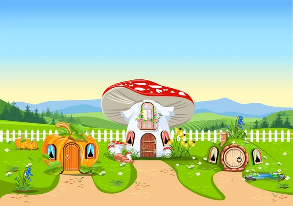 Fairytale Village Cartoon Houses Pumpkin Mushroom Hill Vector Illustration Fabulous — Stock vektor